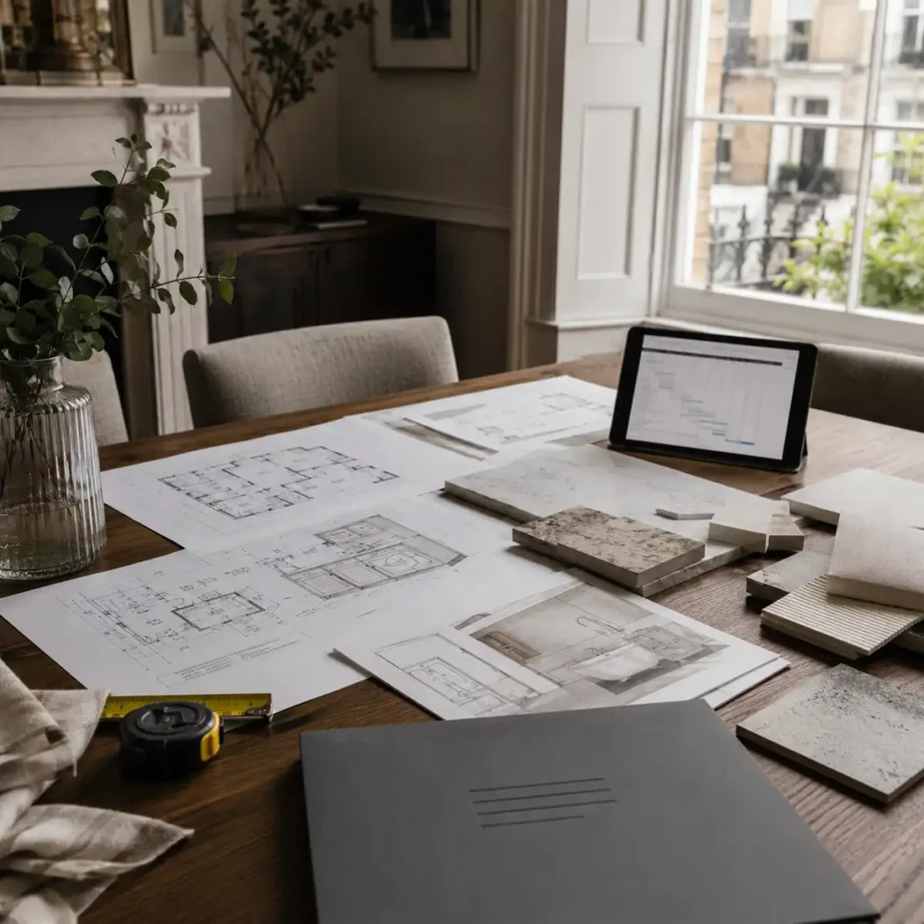 Inside the Market for High-End London Investment Property Architectural floor plans and stone material samples laid out on a table in a period London room