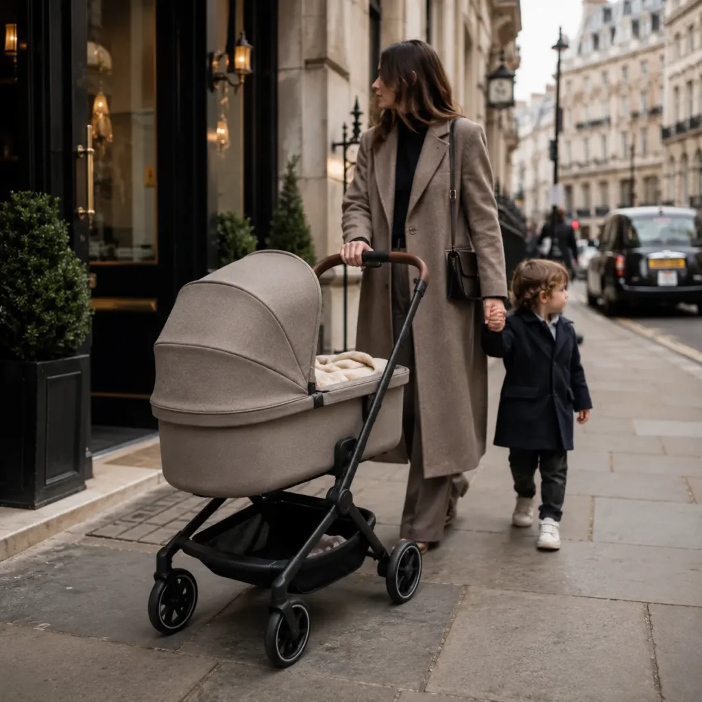 Mother and baby walking in posh streets