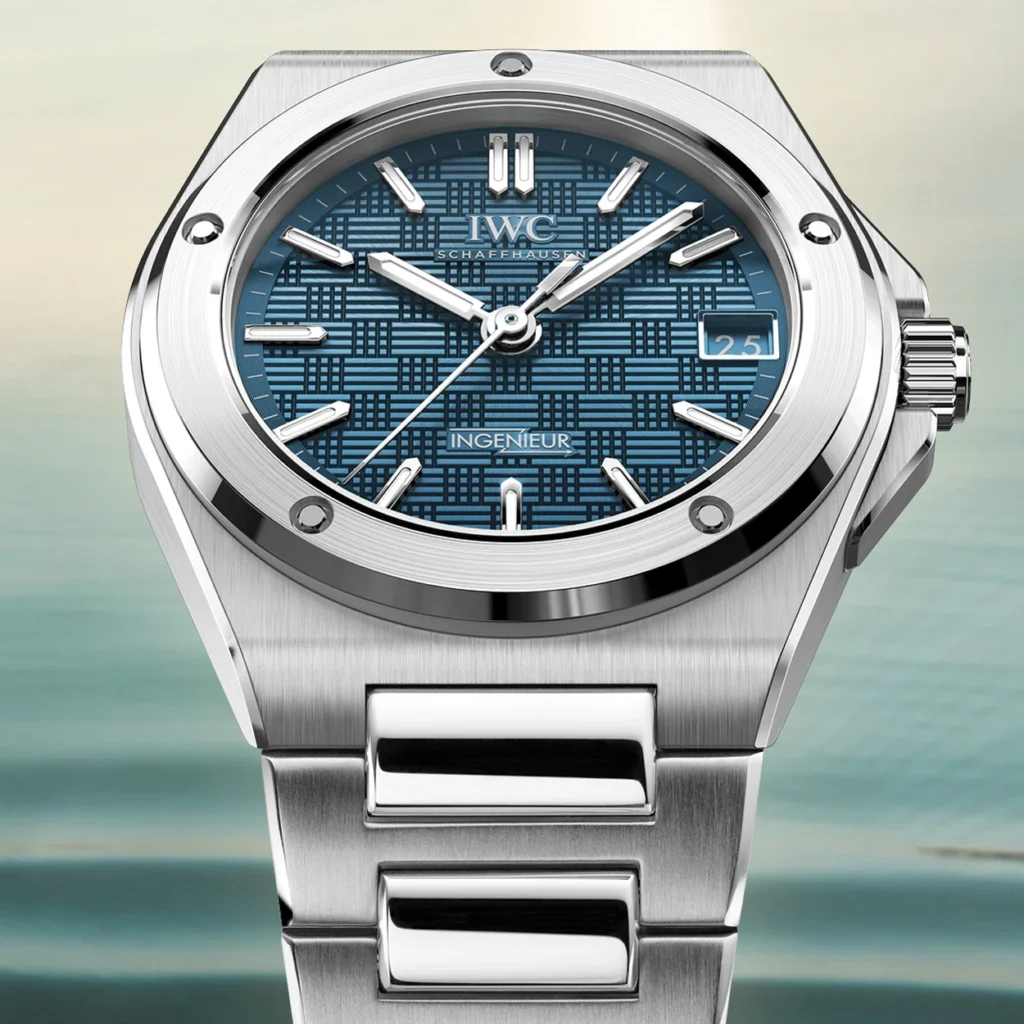 Blue-dial IWC Schaffhausen Ingenieur photographed against water, New Bond Street boutique Blue-dial IWC Schaffhausen Ingenieur photographed against water, New Bond Street boutique