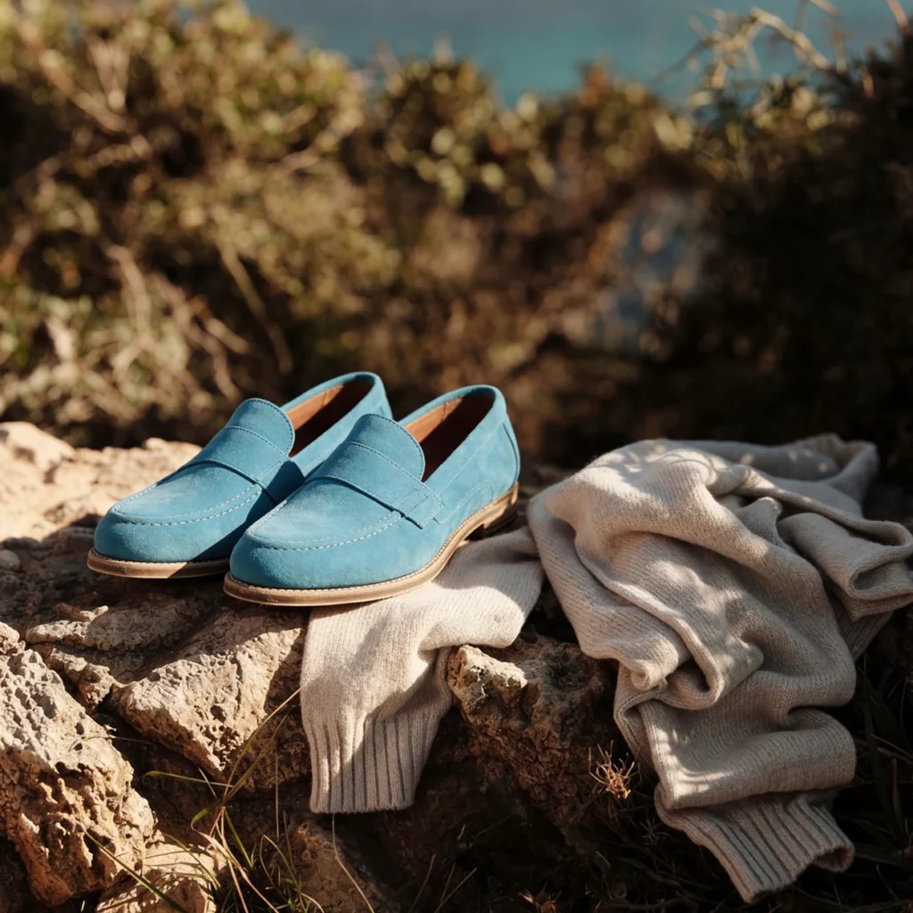 Pair of blue suede Joseph Cheaney loafers set on rock beside folded knitwear Pair of blue suede Joseph Cheaney loafers set on rock beside folded knitwear