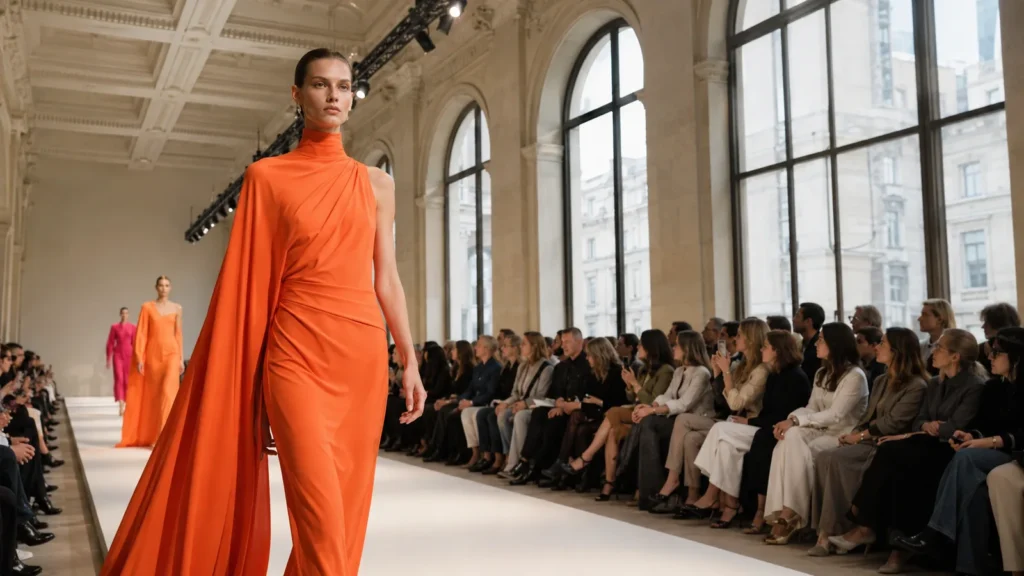 What a London Fashion Show Asks of Its Venue Model on a runway in a grand London hall with high ceilings and arched windows, front row seated either side