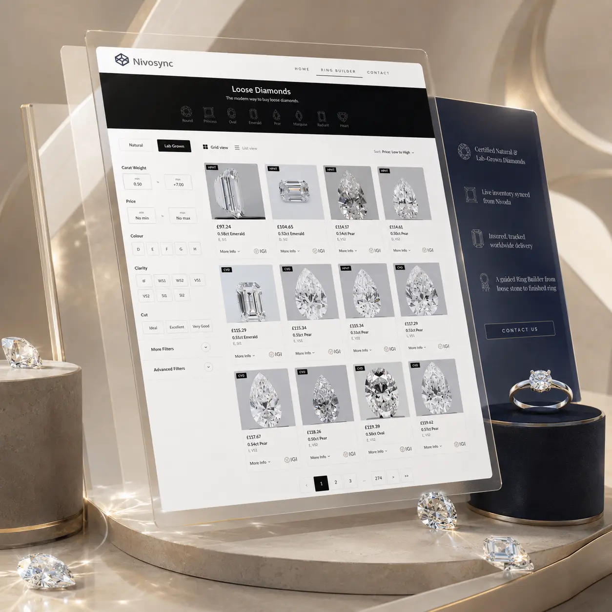 Online loose diamond catalogue listing certified natural and lab grown stones