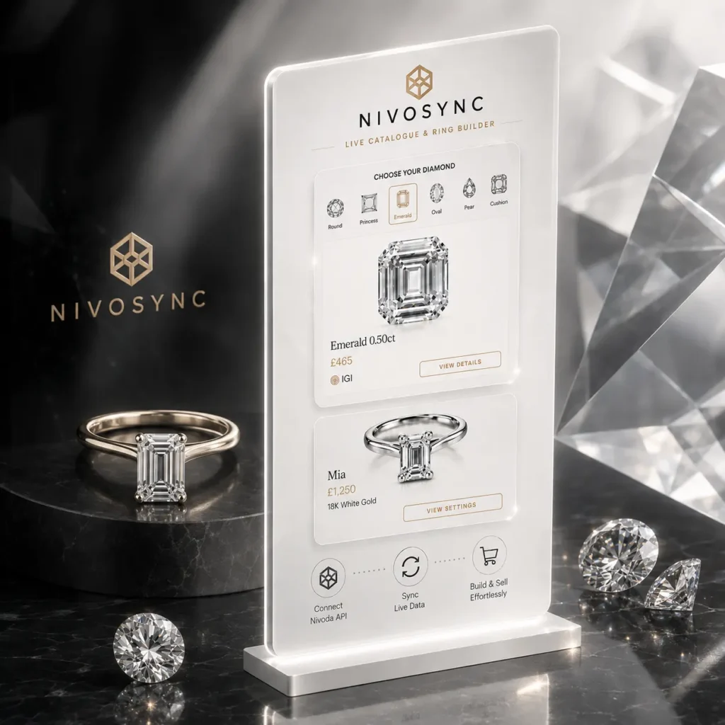 Live diamond catalogue and ring builder displayed on a dark marble jeweller's counter