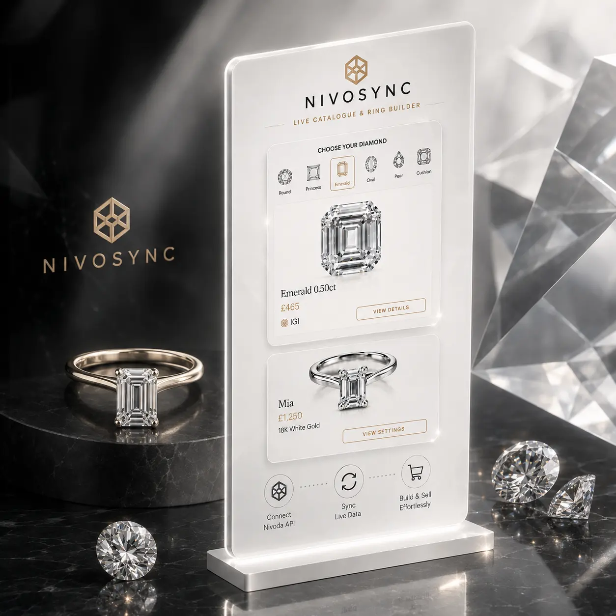 Live diamond catalogue and ring builder displayed on a dark marble jeweller's counter