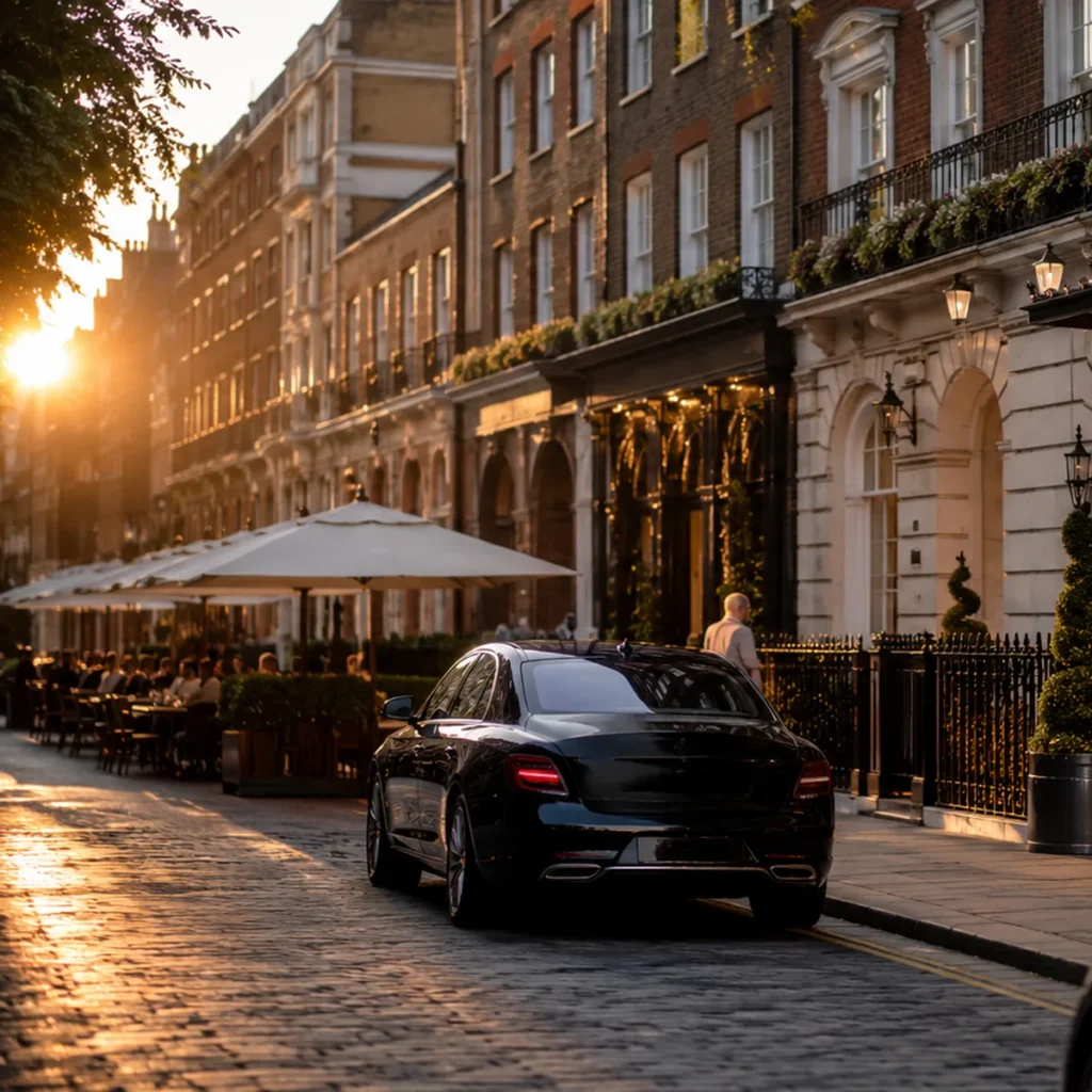 Best Areas to Look for Flats in London If You Want Access to Mayfair’s Lifestyle Scene Mayfair street at sunset with a chauffeured car waiting outside a hotel entrance and a doorman on the pavement