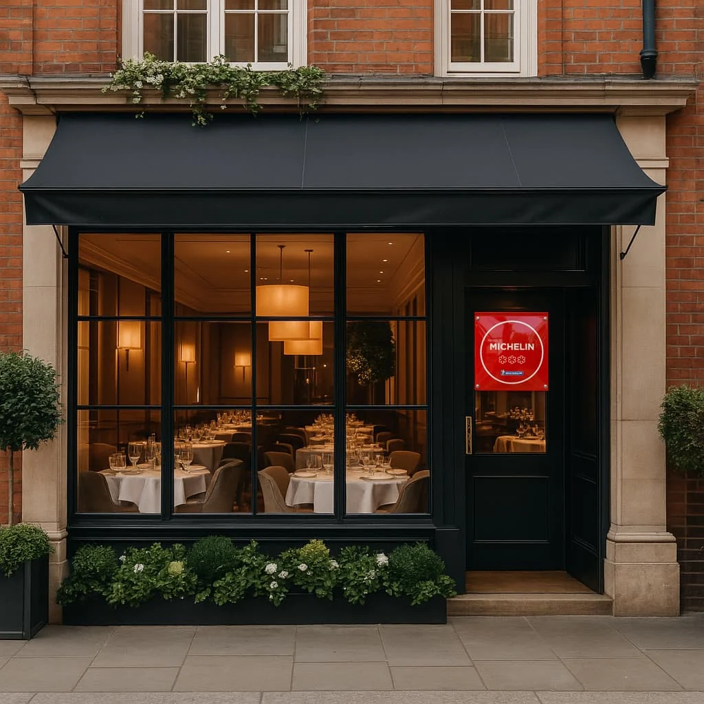 Mayfair in 2026: Where Luxury Money Actually Goes Michelin-starred restaurant exterior in Mayfair with a red Michelin plaque beside the door and set tables visible inside