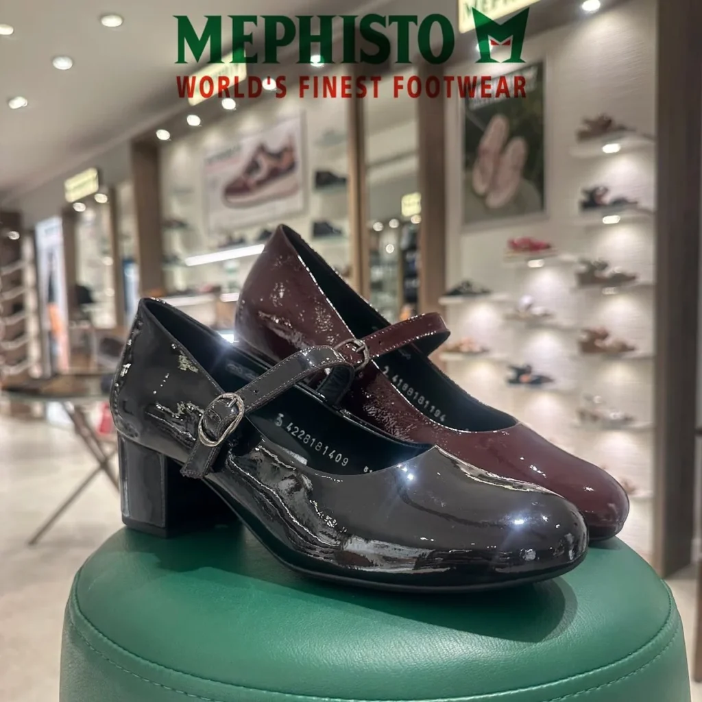 Mephisto patent Mary Jane shoes with block heels shown in store Mephisto patent Mary Jane shoes with block heels shown in store
