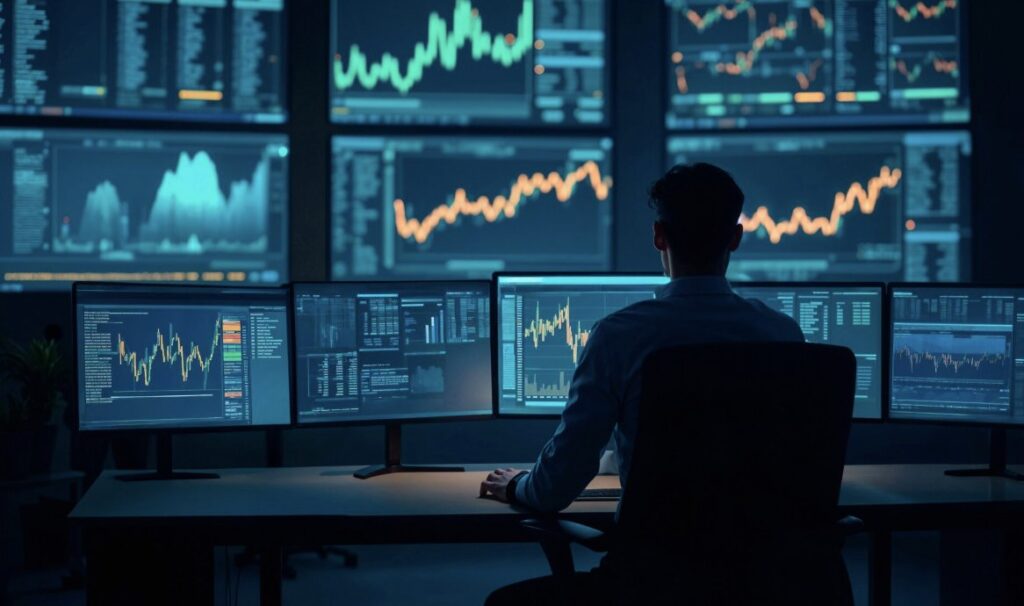What Is CFD Trading? Trader analysing CFD price charts on multiple screens