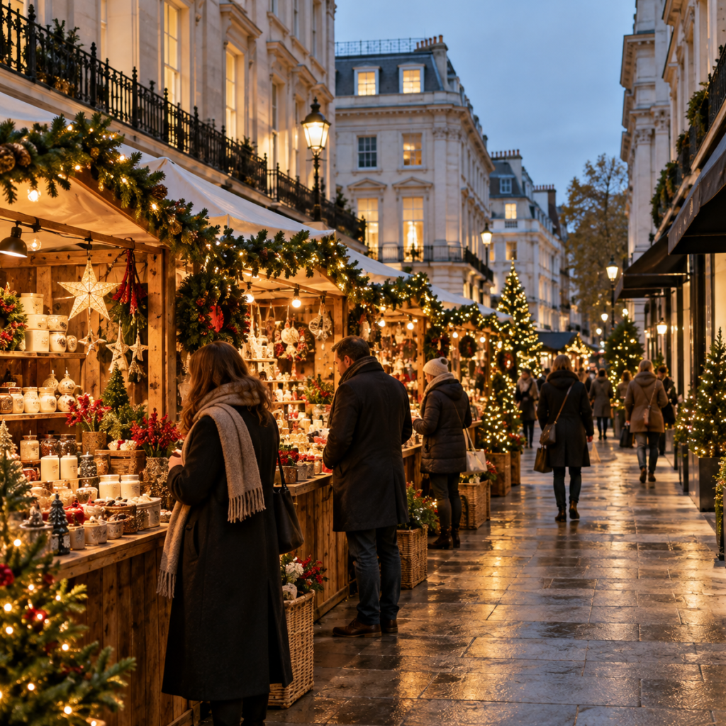 New Bond Street in Mayfair at night under feather-shaped Christmas lights, with black cabs and shoppers below