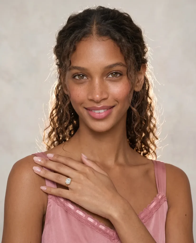 Woman with curly brown hair in a pink silk camisole, hand on her shoulder, wearing a cushion-cut diamond ring in a yellow-gold bezel setting