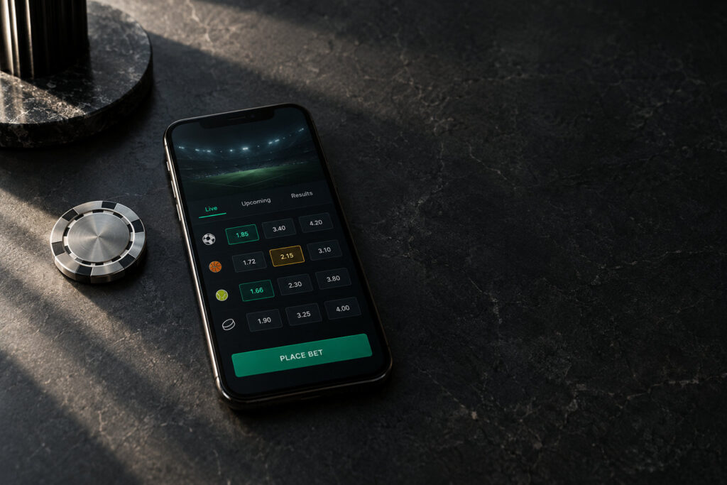 Changing Preferences in Digital Betting for Upscale Audiences Smartphone showing a digital betting app with live odds beside a metal casino chip on dark stone