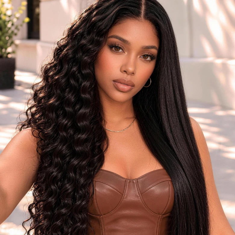 Woman with long dark hair worn in deep curls on one side and sleek and straight on the other, in a brown leather top