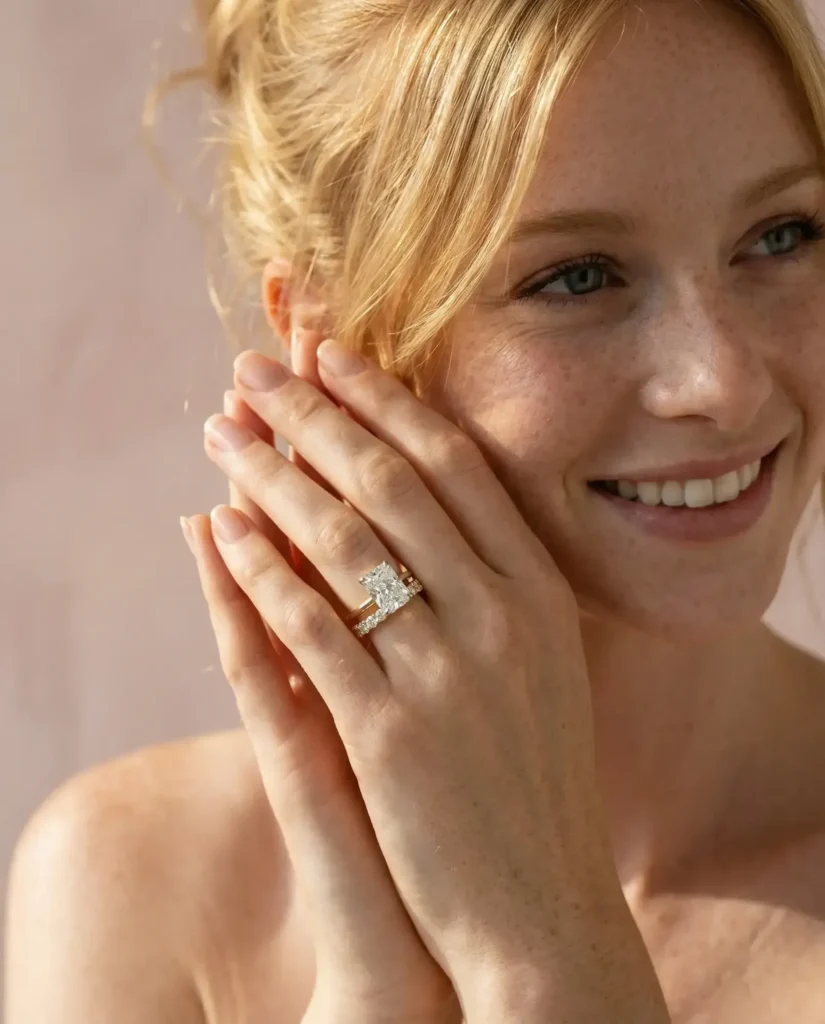 Channel or Pavé? The Metal Between the Diamonds Smiling woman with a blonde updo resting her hand on her cheek, wearing a radiant-cut diamond solitaire stacked with a diamond-set band in yellow gold