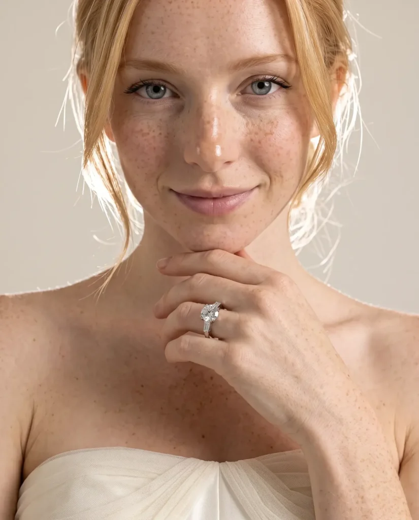 Woman with freckles resting her chin on her hand, wearing a white-metal ring with a large round diamond between tapered baguette side stones