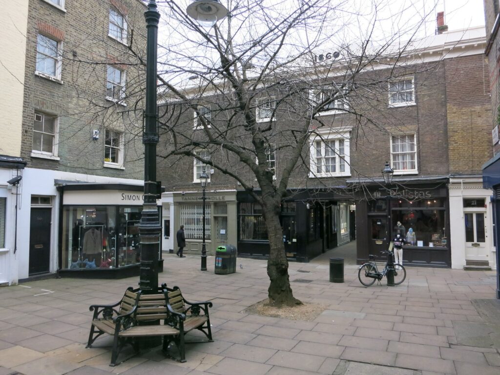 The paved square at Shepherd Market in Mayfair, a short walk from the new Fayre restaurant on Stanhope Row