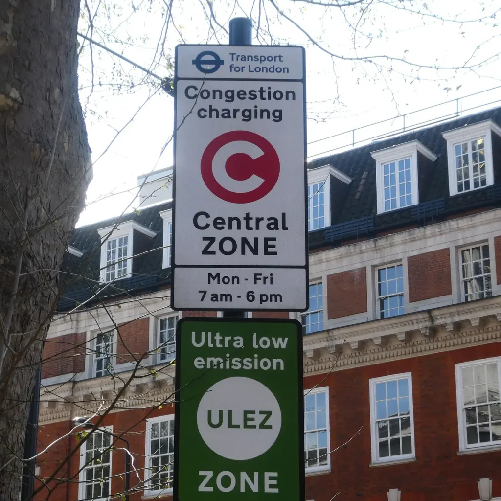 Transport for London sign showing the Congestion Charging central zone and the Ultra Low Emission Zone