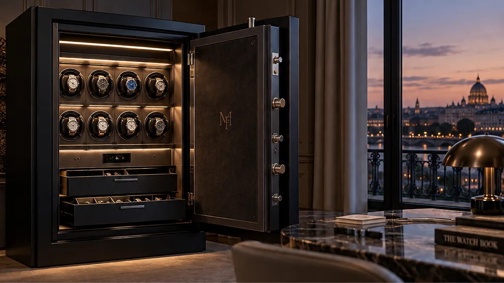 Open watch safe with eight automatic watch winders and jewellery drawers in a private study at dusk